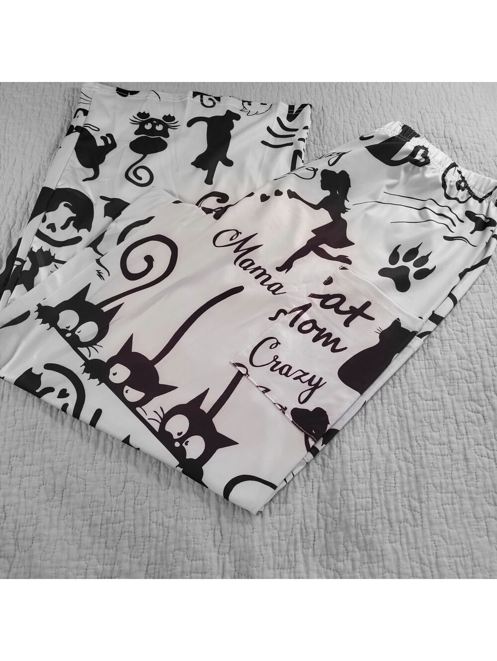Mama Cat Mom Crazy Black Cat Print pull-up Pajama Pants wide leg women's XXL